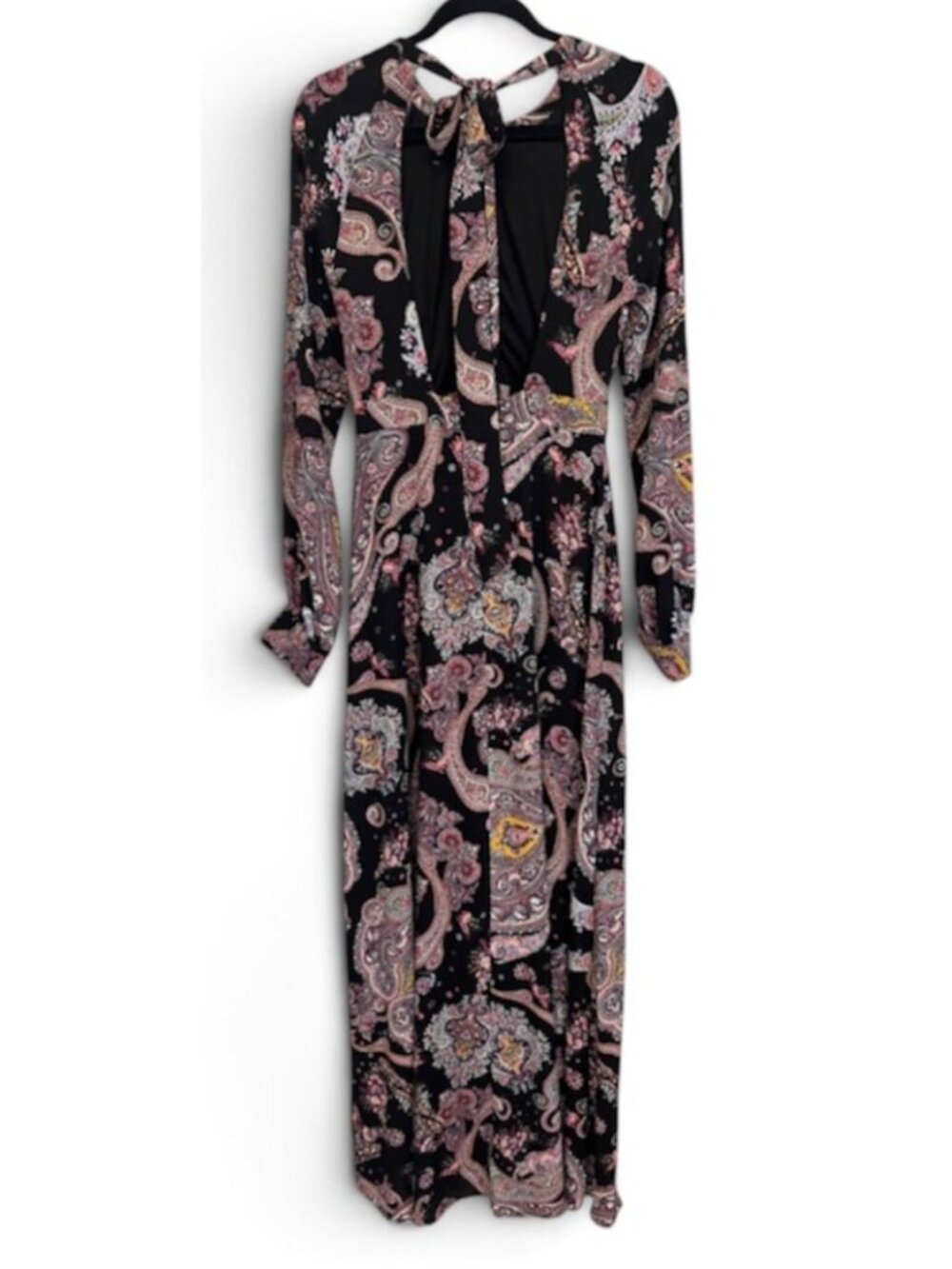 Express Womens 8 Colorful Artsy Paisley Long Sleeve Plunge Tie Neck Maxi Dress - Picture 3 of 8